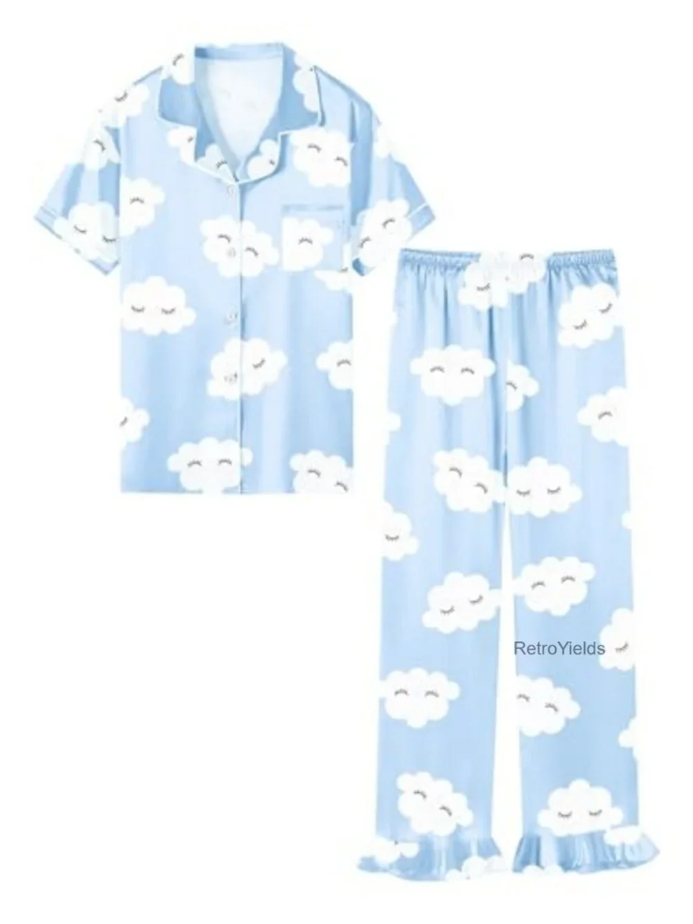Silk Satin Pajama Set Girls Short Sleeve Button Down Sleepwear